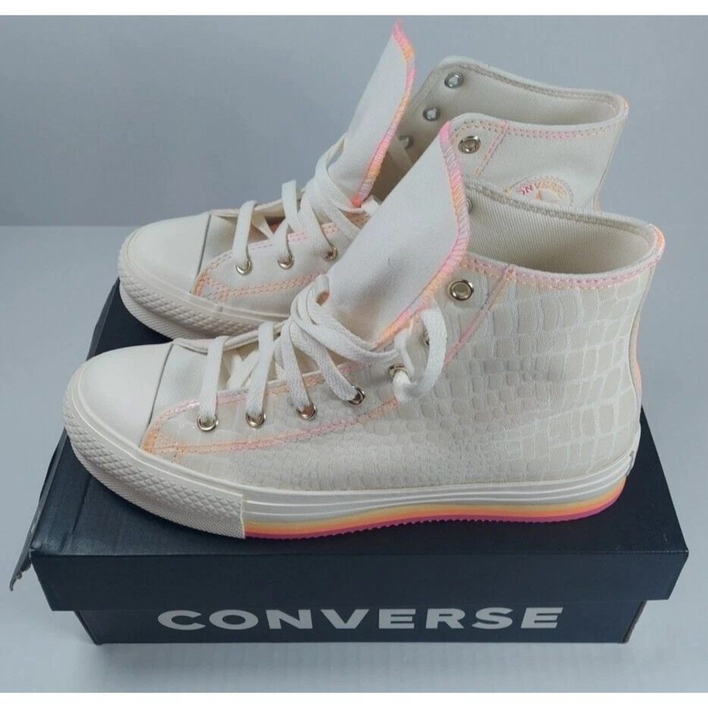 Converse CTAS Eva Lift Hi Kids Sneakers 7 Egret Astral Pink Rainbow Platform